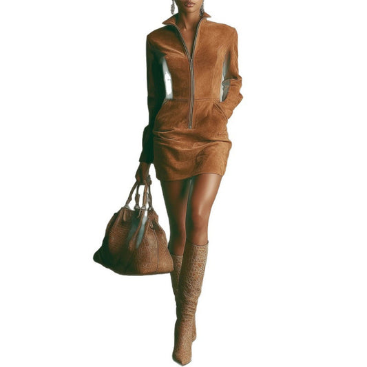 Vestido “Camel Luxe” efecto ante con cremallera frontal - Lovelys