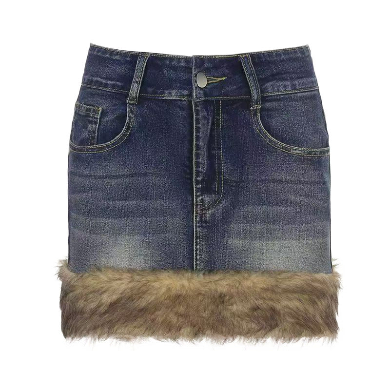 Falda “Denim Fur” con borde de pelo - Lovelys