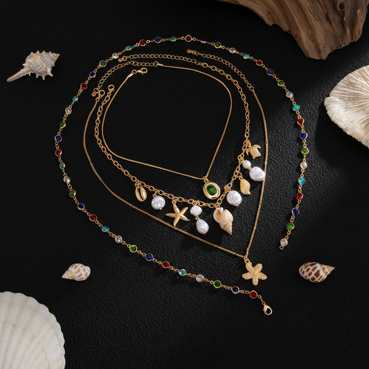 Set collares — lifestyle conchas fondo negro