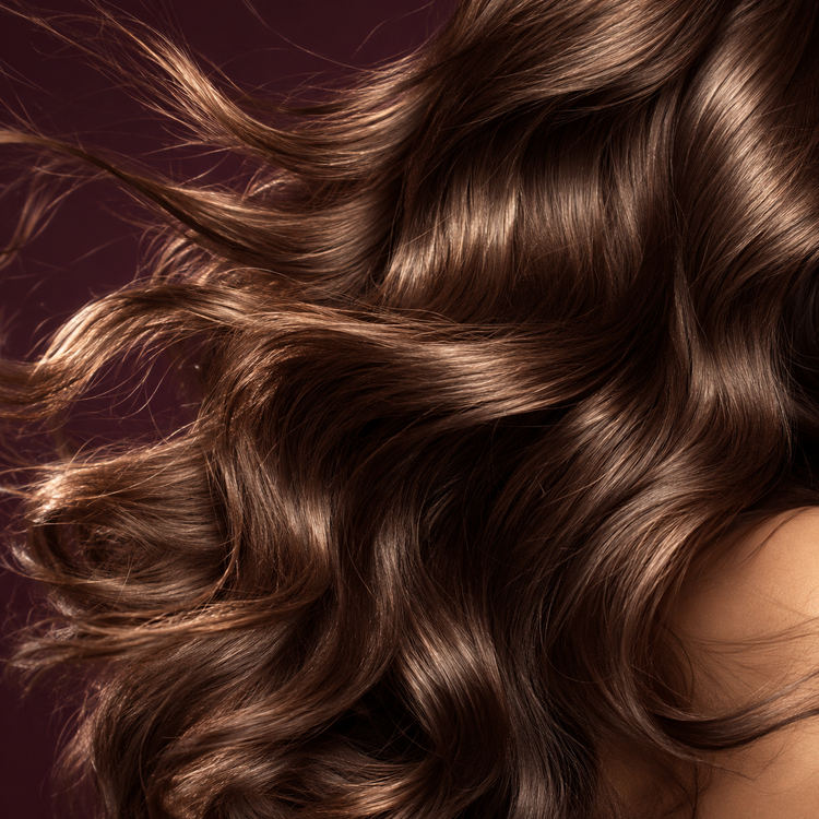 Melena castaña brillante en movimiento — ambiente editorial LOVELYS