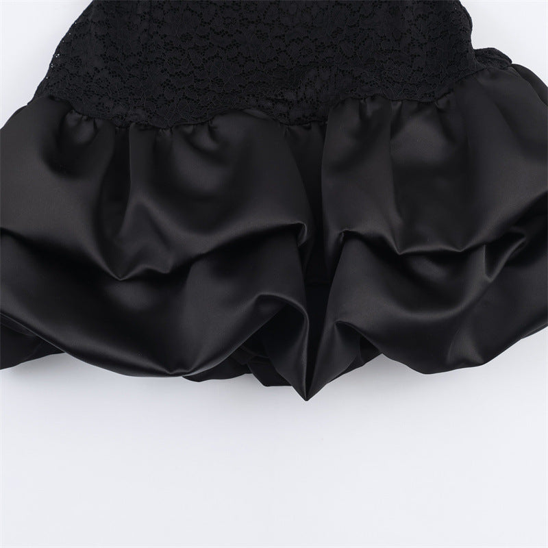 Vestido “Black Ruffle” | Corto sin mangas con encaje y volante satinado - Lovelys
