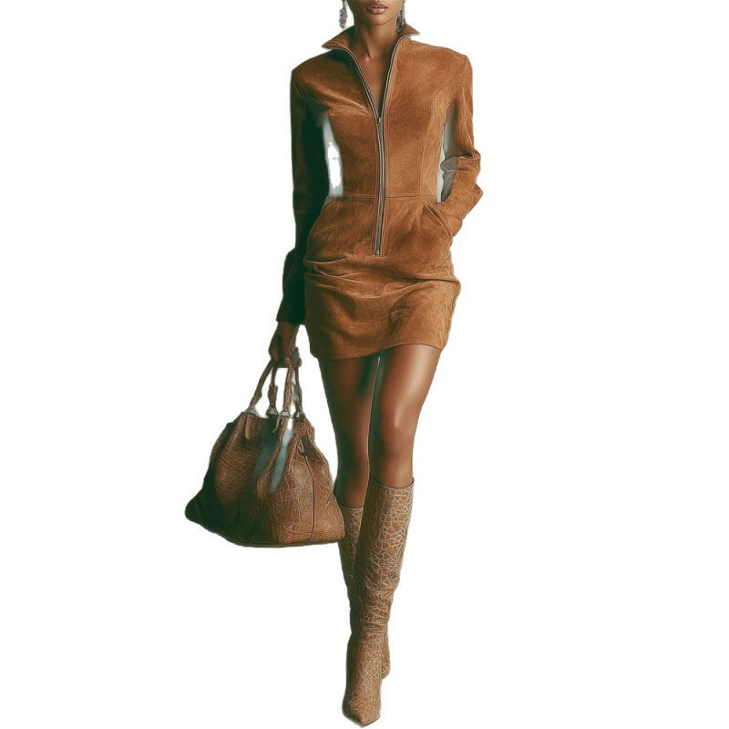 Vestido “Camel Luxe” efecto ante con cremallera frontal - Lovelys