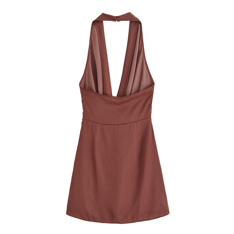 Vestido Marrón con Escote Profundo y Detalle de Lazo - Lovelys