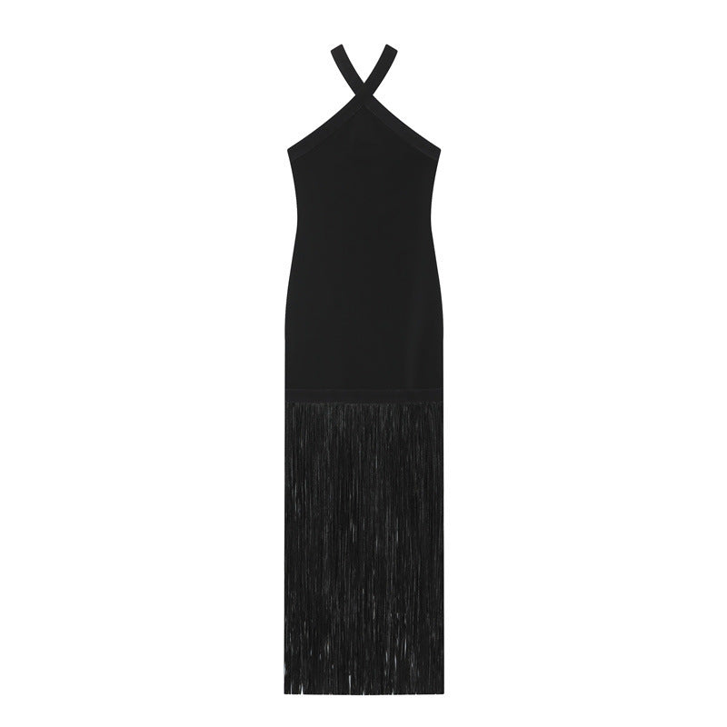 Vestido “Noir Fringe” | Largo con tirantes cruzados y flecos elegantes - Lovelys