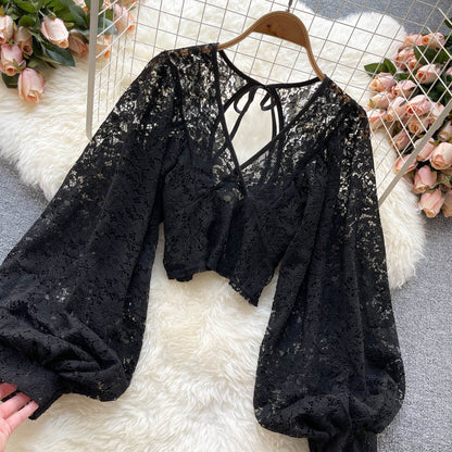 Blusa “Lace Dreams” de encaje con mangas abullonadas - Lovelys