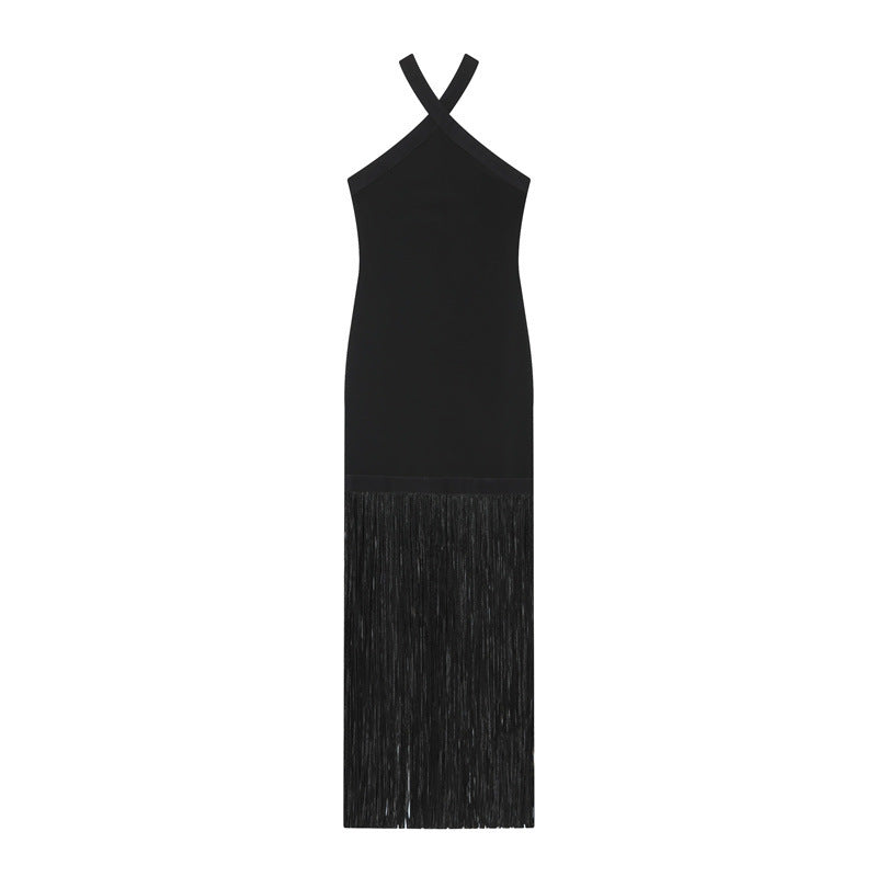 Vestido “Noir Fringe” | Largo con tirantes cruzados y flecos elegantes - Lovelys