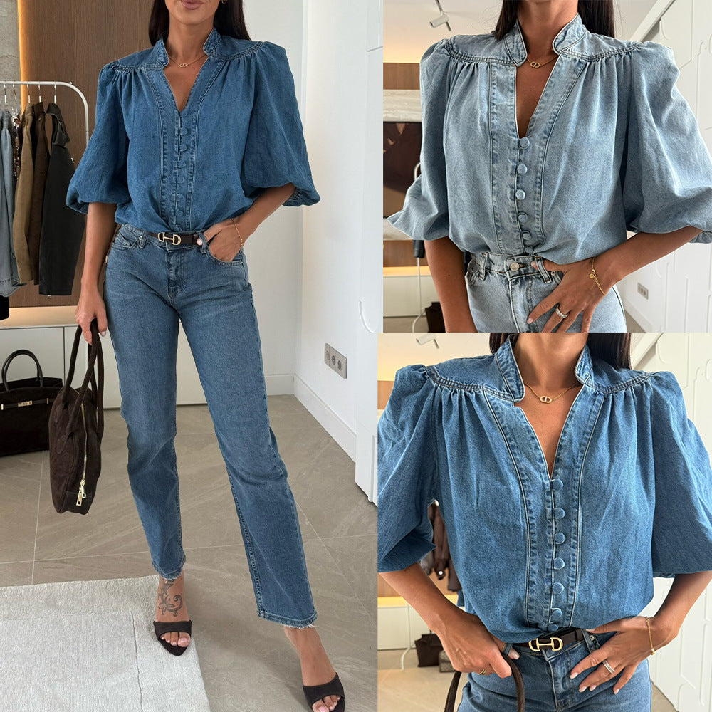 Blusa Denim Puff Button