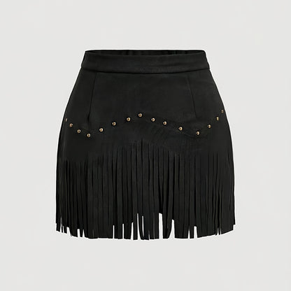 Falda Mini con Flecos – Estilo Western, Corte en A y Botones Decorativos