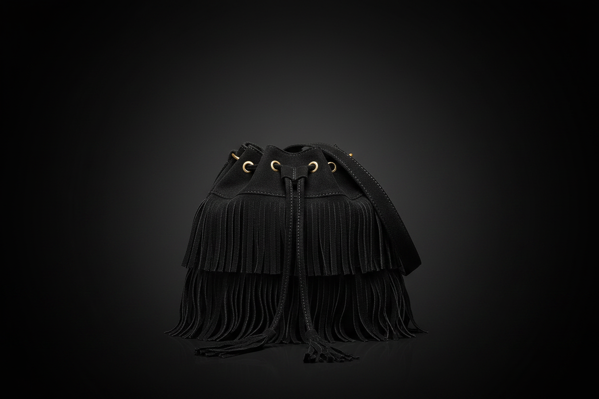Bolso de flecos negro sobre fondo negro, formato apaisado