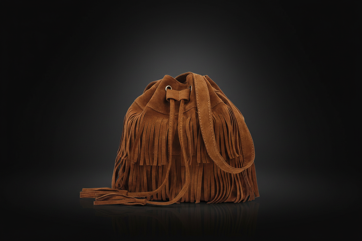 Bolso marrón de flecos sobre fondo negro