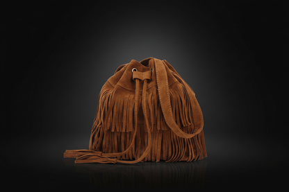 Bolso marrón de flecos sobre fondo negro