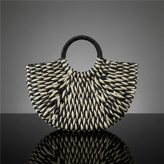 Bolso Santorini trenzado en negro y blanco sobre fondo neutro
