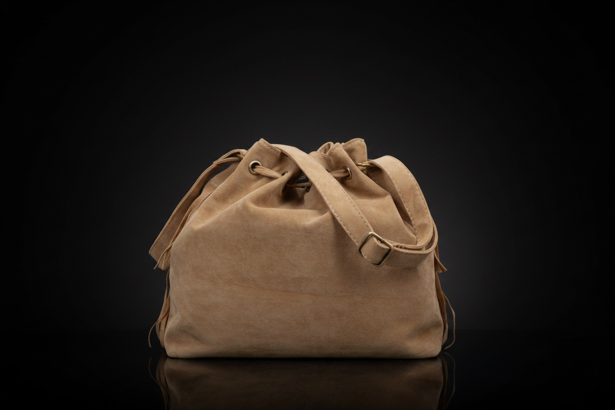 Bolso de flecos albaricoque sobre fondo negro