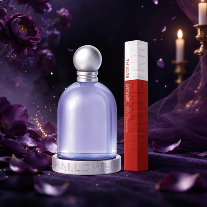 Halloween Kiss — perfume Halloween 30 ml y Maybelline SuperStay Matte Ink 20 Pioneer, envase cerrado vertical