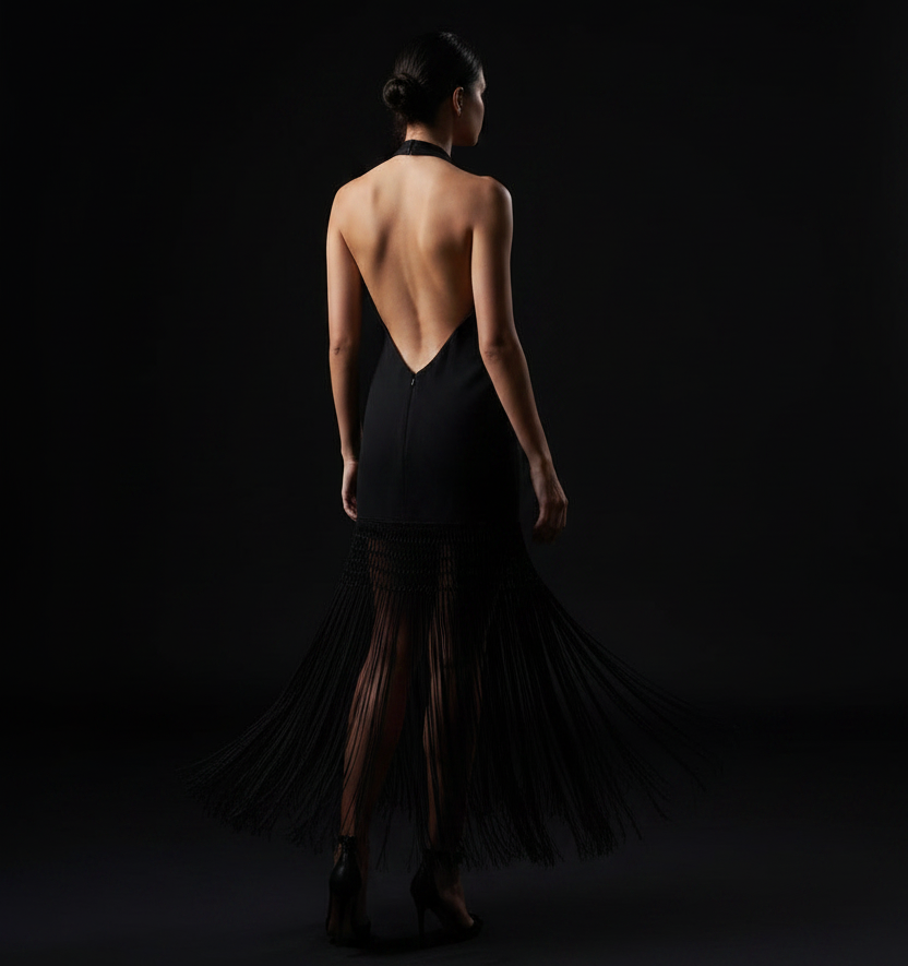 Vestido Ébano Flecos - Espalda